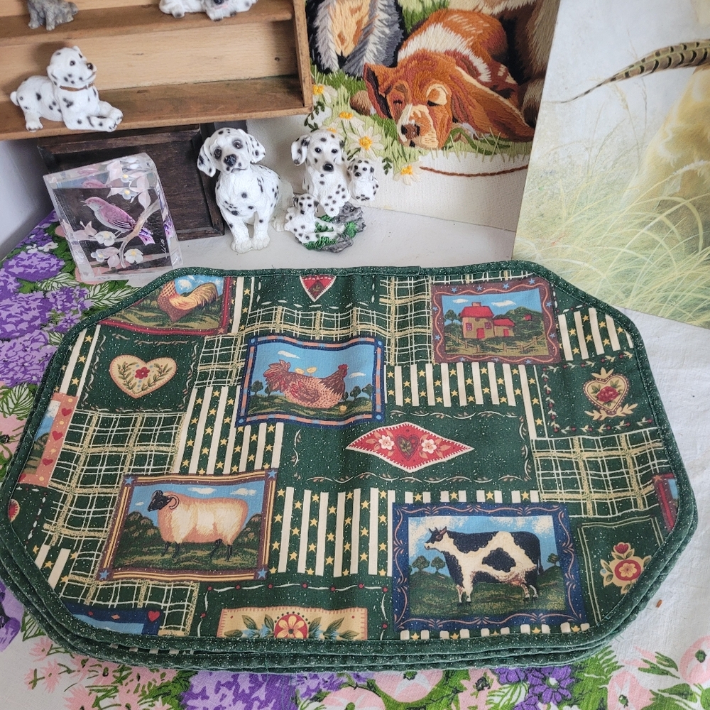 Vintage Farm Animal Themed Green Placemat Set Of 4 Handmade